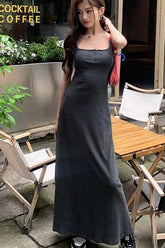 Square Collar Buttons Sleeveless Off Shoulder Long Dress